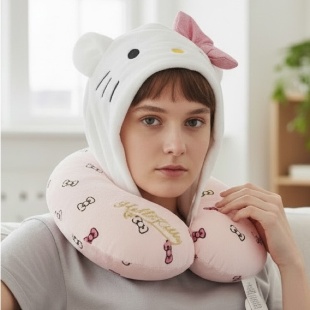 Hello Kitty Neck Pillow – Kawaii Pink Travel Cushion w/ Hood 🎀